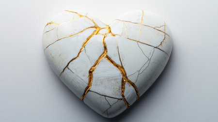 This striking heart sculpture features intricate golden cracks on a smooth white surface, elegantly showcasing the beauty of imperfection and resilience in art.の素材