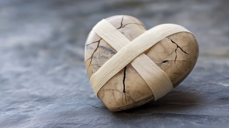 A heart-shaped stone wrapped in a bandage stands on a textured stone background, symbolizing healing and resilience, evoking emotions of love and support.の素材