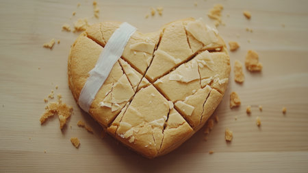 A heart-shaped cake with a white bandage signifies healing and resilience. The broken pieces illustrate love and recovery, ideal for conveying emotion in culinary art.の素材