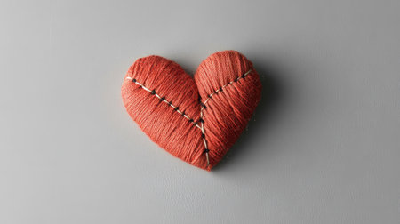 A beautifully crafted heart shape made from red thread sits atop a smooth gray background, representing love and creativity perfect for artistic projects.の素材