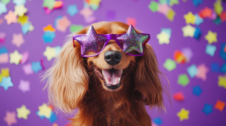 This joyful dog wearing sparkling star-shaped glasses exudes happiness against a bright and colorful backdrop, capturing the essence of playfulness and fun in a pet portrait.の素材