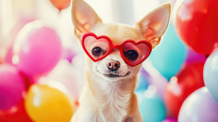 This charming Chihuahua wearing heart-shaped glasses brings a playful spirit to any celebration with colorful balloons in the background, perfect for joyous moments.の素材