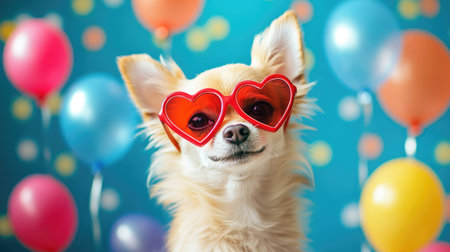 A charming chihuahua wearing heart-shaped sunglasses exudes cuteness against a backdrop of colorful balloons, perfect for promoting joy and celebration themes.の素材