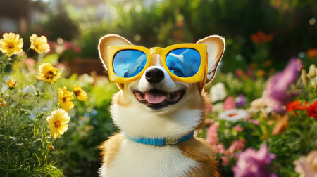 This delightful image features a cheerful corgi wearing oversized yellow sunglasses, joyfully posing in a garden filled with vibrant flowers and sunshine, radiating happiness and warmth.の素材