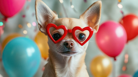 This charming Chihuahua in heart-shaped glasses brings joy and playfulness, set against colorful balloons, ideal for capturing the spirit of celebrations and special moments.の素材