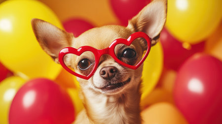 This charming image features a cute chihuahua wearing heart-shaped glasses, amidst a backdrop of colorful balloons, capturing a joyful and festive atmosphere perfect for animal lovers.の素材