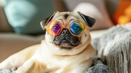 A charming pug dog wearing stylish, colorful sunglasses lounges comfortably on a cozy couch, soaking in the warm sunlight in a beautifully decorated living room.の素材
