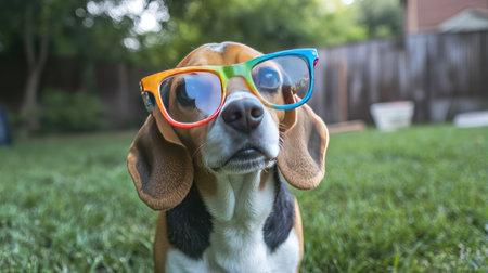 A cheerful beagle dog dons colorful glasses while enjoying a sunny day outdoors on a verdant lawn, radiating a sense of fun and playfulness in a lovely backyard setting.の素材