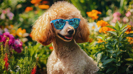 A charming dog wearing blue sunglasses poses in a colorful garden filled with blooming flowers, radiating joy and summer vibes amidst the lush greenery.の素材
