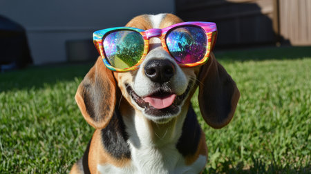 A cheerful beagle dog wearing colorful sunglasses smiles joyfully in a sunny outdoor setting, showcasing vibrant expressions and a playful atmosphere on a lush green lawn.の素材
