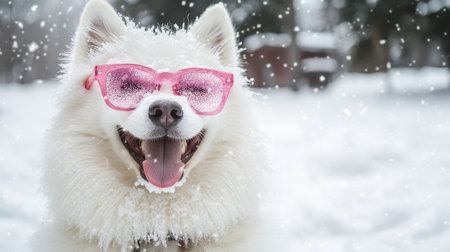 A cheerful white dog in pink sunglasses enjoys a snowy day, surrounded by swirling snowflakes, embodying winter joy and the spirit of fun. Perfect for pet lovers and seasonal themes.の素材