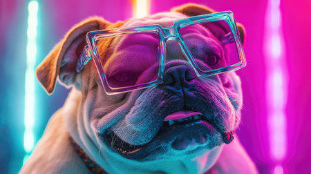 A stylish bulldog wearing funky sunglasses poses against a backdrop of vibrant neon lights, showcasing its fun personality in this colorful and engaging portrait.の素材