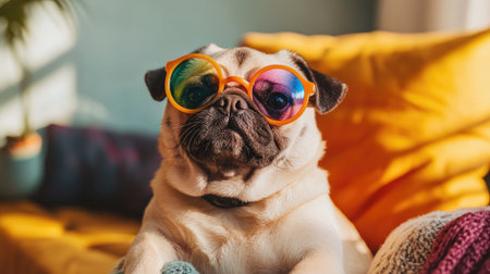 A charming pug relaxes on a vibrant couch, sporting colorful sunglasses, creating a lively and joyful indoor atmosphere perfect for pet lovers and cheerful settings.の素材
