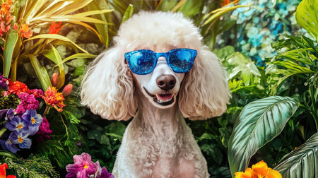 A cheerful poodle dog poses with vibrant sunglasses amidst a lush garden filled with colorful flowers and greenery, capturing a fun summer moment in nature.の素材
