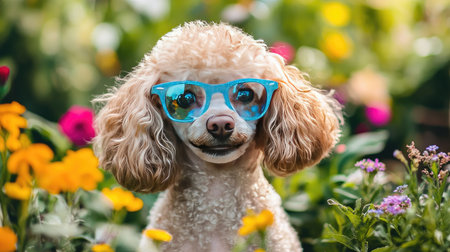 A charming poodle dog wearing stylish blue glasses poses among vibrant flowers, bringing joy and playfulness to the colorful garden atmosphere, perfect for nature lovers.の素材