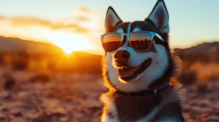 A joyful Siberian Husky enjoys a beautiful sunset, sporting stylish sunglasses. This vibrant scene captures the essence of playful adventures and tranquil outdoor moments.の素材