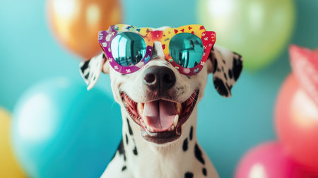 A joyful Dalmatian dog showcases its personality by wearing colorful sunglasses against a backdrop of bright balloons, embodying a playful and cheerful mood.の素材