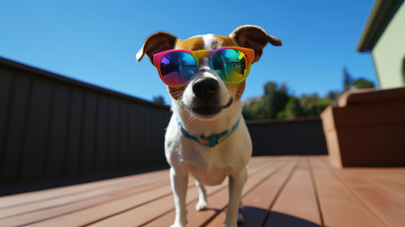 A cheerful dog sporting colorful sunglasses stands on a wooden deck, embodying the essence of fun and relaxation on a bright sunny day with clear blue skies.の素材