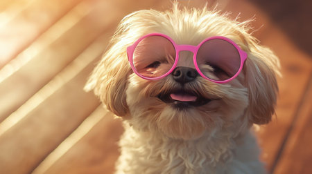 This delightful small dog with fluffy fur sports pink sunglasses, exuding joy and a fun personality while basking in the warmth of sunlight indoors.の素材