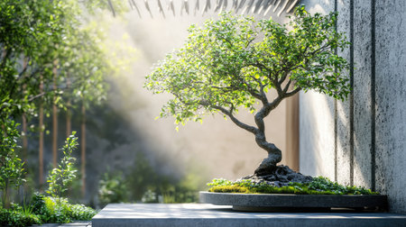 Bonsai tree placed against a modern house corner with a geometric metal trellis and lush green surroundingsの素材