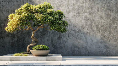 A bonsai tree with vibrant green foliage placed at the corner of a house, styled with textured walls and clean pavingの素材
