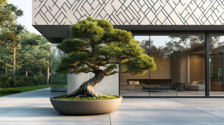 Elegant bonsai tree in a minimalist planter, placed near the front corner of a modern house with geometric patterns and glass windowsの素材