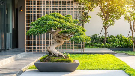 Bonsai tree placed against a modern house corner with a geometric metal trellis and lush green surroundingsの素材