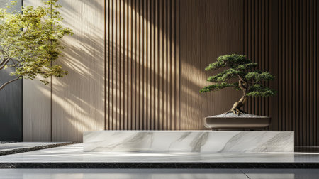 Front corner of a sleek home styled with a bonsai tree on a marble base, paired with clean wooden panelsの素材