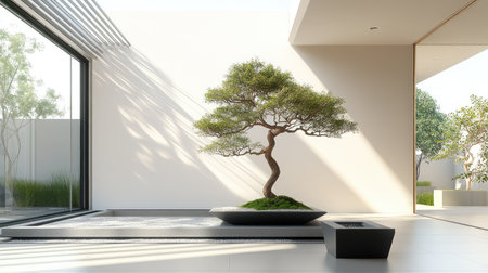 Minimalist bonsai tree arrangement with geometric planters, decorating the corner of a house with clean architectural linesの素材