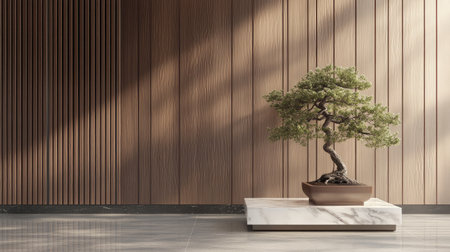 Front corner of a sleek home styled with a bonsai tree on a marble base, paired with clean wooden panelsの素材