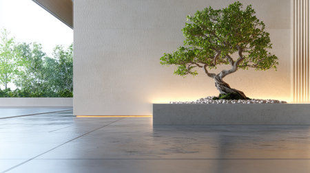 Modern corner decor with a bonsai tree, highlighted by smooth paving and accent lights for a clean aestheticの素材