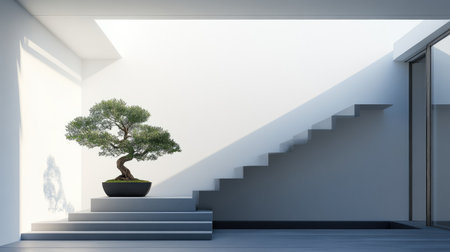 Minimalist bonsai tree arrangement with geometric planters, decorating the corner of a house with clean architectural linesの素材