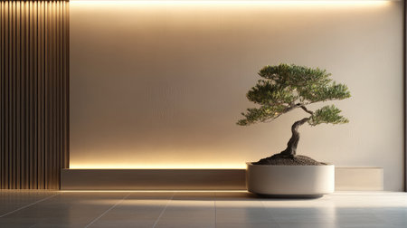 Modern house front corner showcasing a bonsai tree in a sleek ceramic planter, complemented by subtle wall lightingの素材