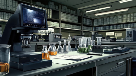 A high-tech lab showcasing a 3D printer, digital display, and beakers filled with colorful liquids, sleek and modern environment.の素材