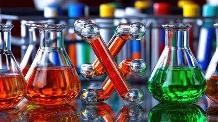 Cutting-edge lab with a 3D printer in action, surrounded by beakers, test tubes, and a digital control panel.の素材