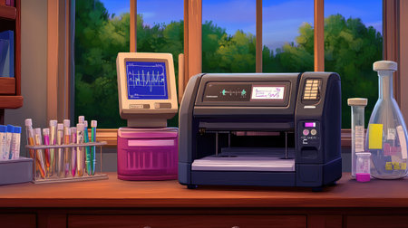 Futuristic lab featuring a 3D printer and digital screen, surrounded by beakers and test tubes. No logos.の素材