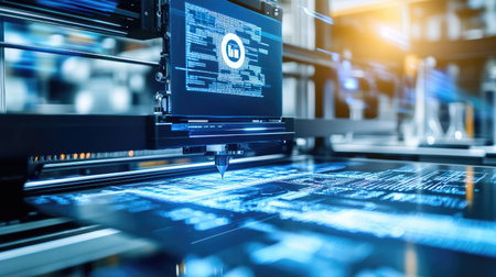 A sleek 3D printer at work in a high-tech lab, surrounded by digital displays and beakers filled with chemicals. No logos.の素材