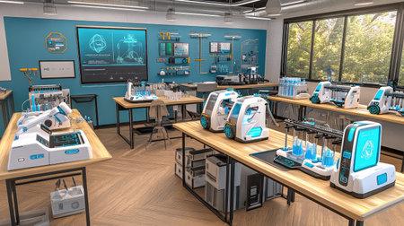 A modern lab showcasing a 3D printer, with a digital display and advanced beakers on the workbench. No logos.の素材