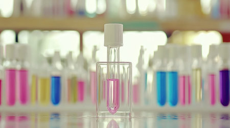 Cutting-edge 3D printer in a lab environment, with digital screens and colorful test tubes arranged around.の素材