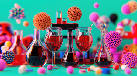 Futuristic lab featuring a 3D printer, with advanced digital displays and scientific beakers filled with liquids.の素材