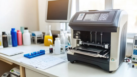 High-tech laboratory featuring a 3D printer, digital display, and scientific beakers with colorful liquids.の素材