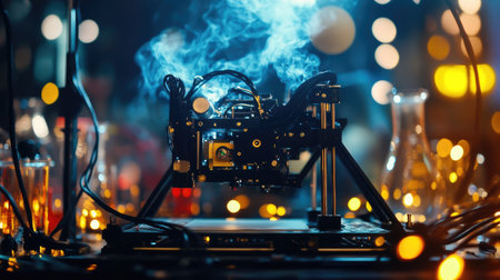 Innovative lab setup with a 3D printer and digital control, surrounded by advanced beakers and colorful liquids.の素材