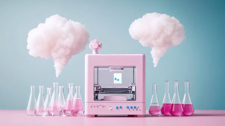 High-tech lab with a 3D printer at the center, digital control panel, and beakers filled with various chemicals.の素材