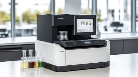 High-tech laboratory featuring a 3D printer, digital display, and scientific beakers with colorful liquids.の素材