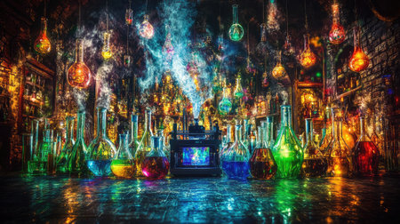 Innovative lab setup with a 3D printer, surrounded by colorful beakers and test tubes, digital display glowing.の素材