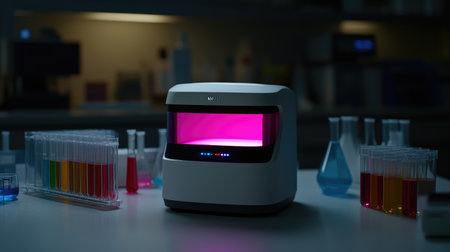 Innovative lab setup with a 3D printer, surrounded by colorful beakers and test tubes, digital display glowing.の素材