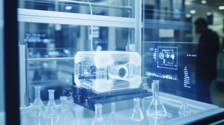 Sleek laboratory with a 3D printer at work, test tubes and beakers placed around, with a digital control display.の素材