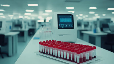 Modern lab setup with a 3D printer in focus, beakers filled with chemicals, and a glowing digital display.の素材