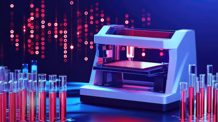 Innovative lab setup with a 3D printer, surrounded by colorful beakers and test tubes, digital display glowing.の素材