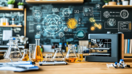 Modern lab setup with a 3D printer, beakers filled with chemicals, and a glowing digital display in the background.の素材